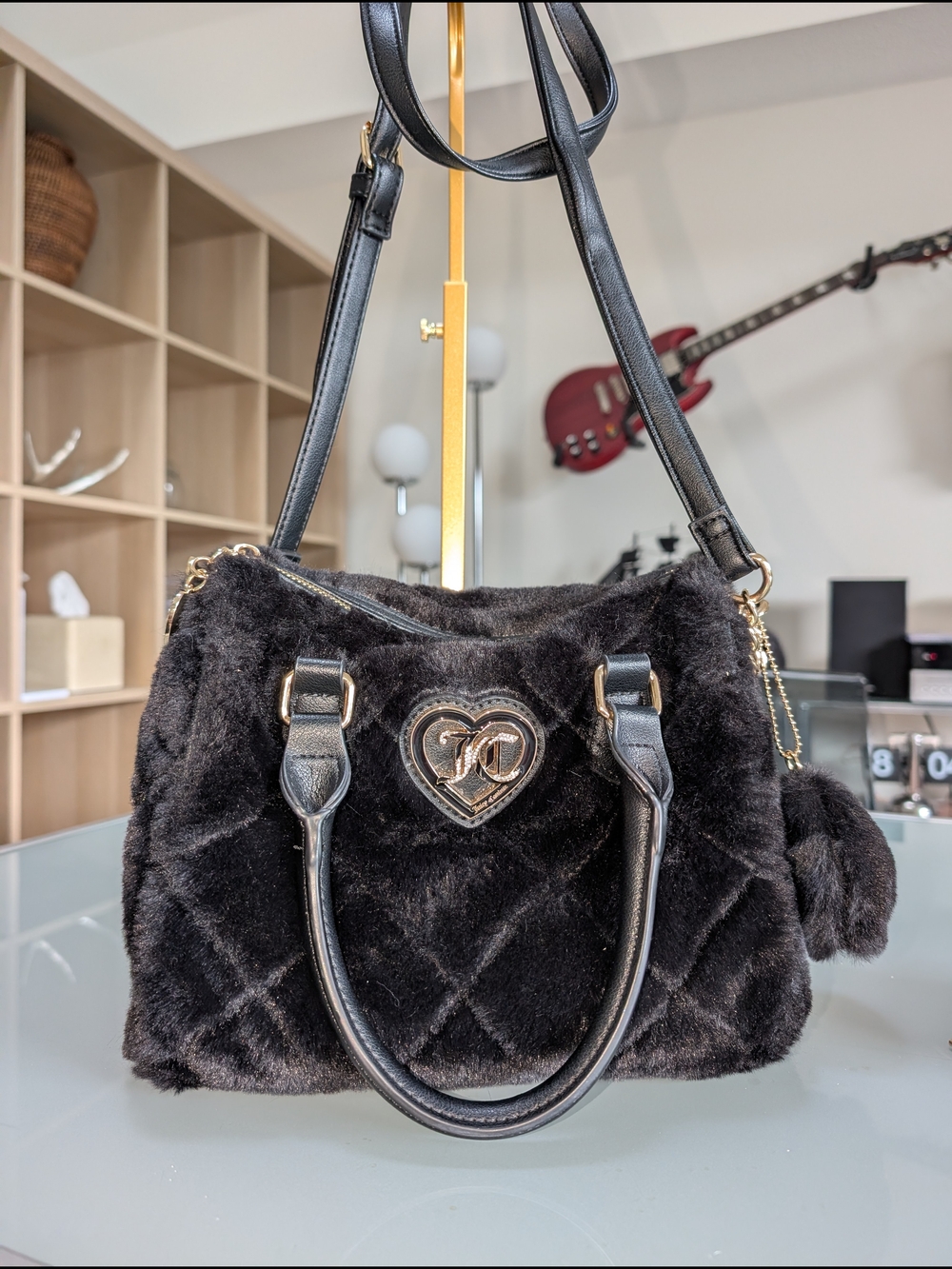 Juicy Couture Black Faux-Fur Heart-Emblem Bag & WALLET